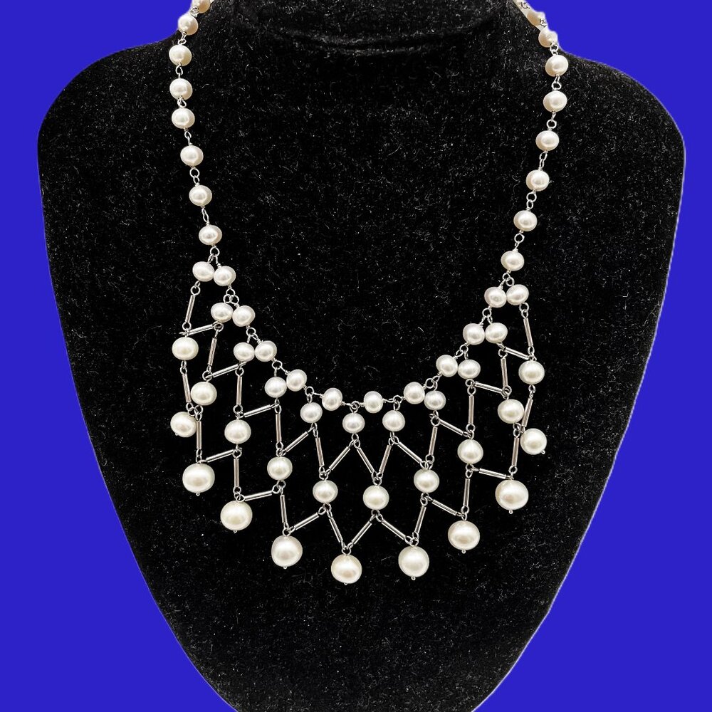 WHITE CULTURED PEARL BIB NECKLACE W/STERLING SILVER
